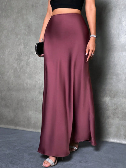Glamine Women's Solid Color Mermaid Style Skirt, Satin Finish A-Line Skirt, Elegant Long Skirt, Suitable For Parties, Daily Wear, Spring/Summer Bright Colors