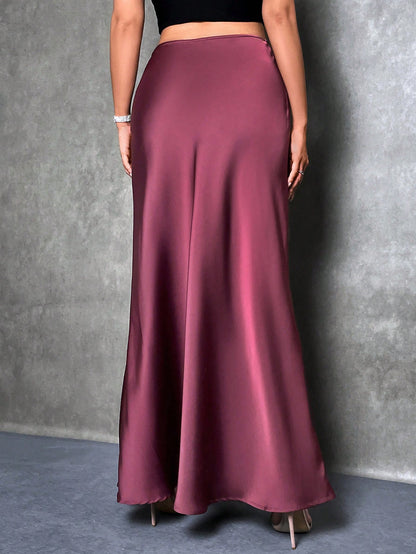 Glamine Women's Solid Color Mermaid Style Skirt, Satin Finish A-Line Skirt, Elegant Long Skirt, Suitable For Parties, Daily Wear, Spring/Summer Bright Colors