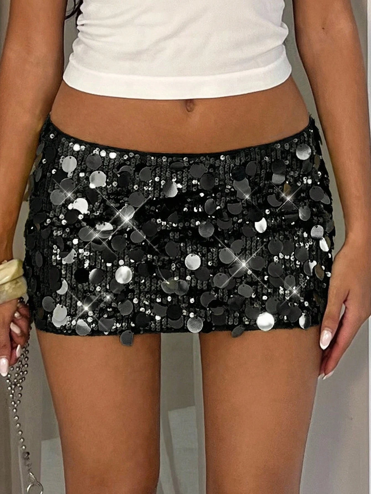 Glamine Women's Solid Color Sequin Bodycon Mini Skirt, Suitable For Party Occasions Sequin Skirt Sparkly Skirt Sequins Skirt Black Skirt,Beach Vacation,Summer Beach Vacation For Women,St Patrick's Day