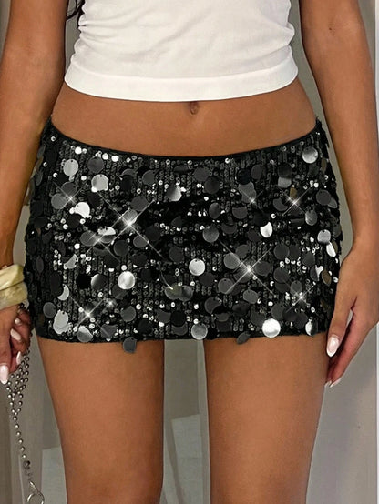 Glamine Women's Solid Color Sequin Bodycon Mini Skirt, Suitable For Party Occasions Sequin Skirt Sparkly Skirt Sequins Skirt Black Skirt,Beach Vacation,Summer Beach Vacation For Women,St Patrick's Day