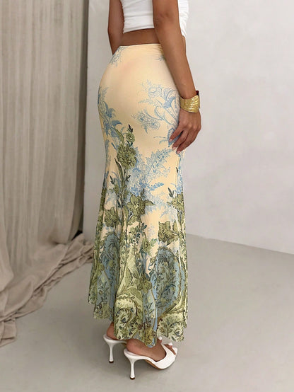 Glamour New Casual Vacation Print Fishtail Tie-Up Metal Buckle Vacation Skirt, Mesh Print Spring Vacation Skirt, Gathered Ribbon Metal Buckle Skirt, Mid-Waist Knit Skirt, Premium Elegant Fishtai
