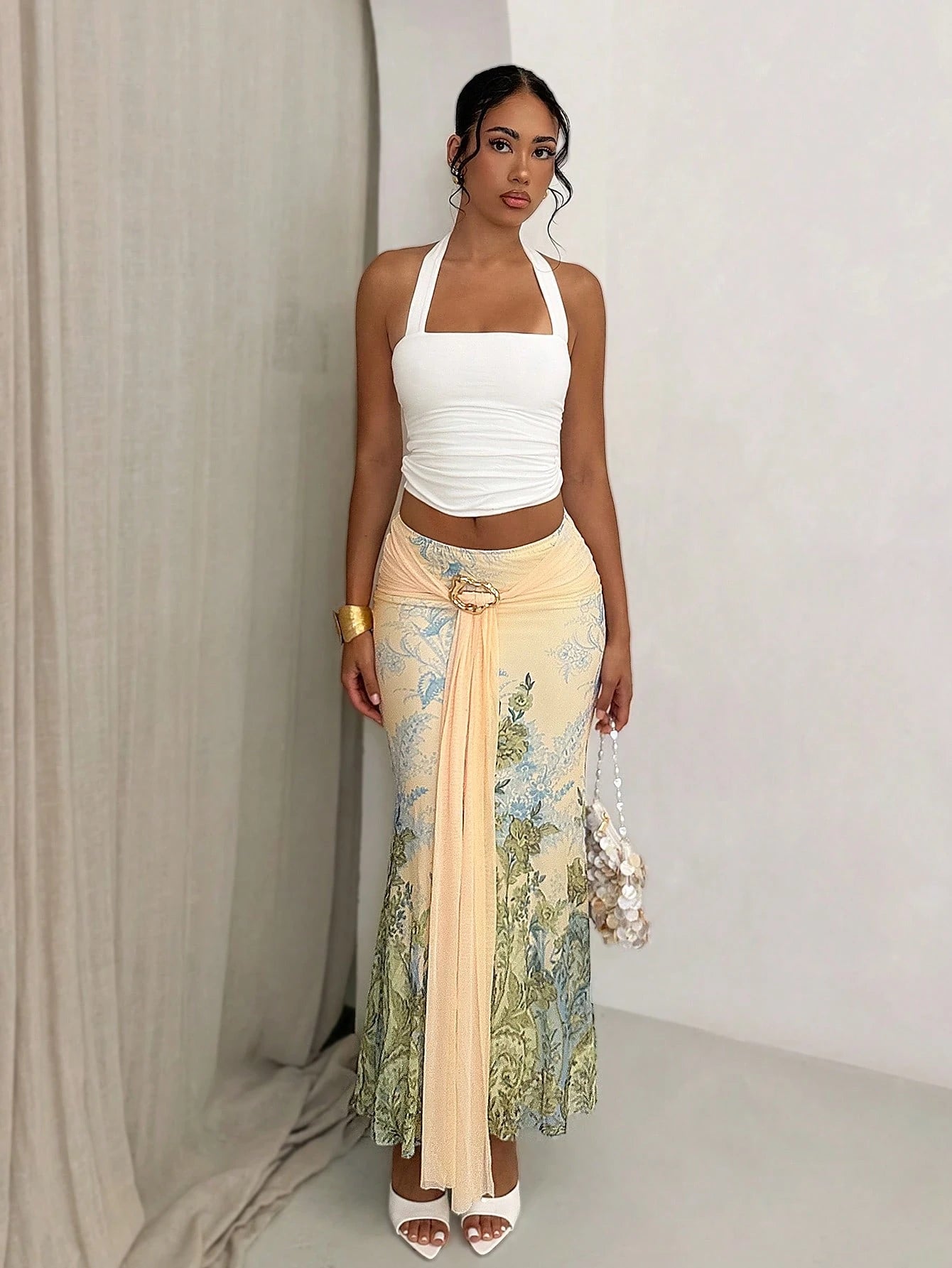 Glamour New Casual Vacation Print Fishtail Tie-Up Metal Buckle Vacation Skirt, Mesh Print Spring Vacation Skirt, Gathered Ribbon Metal Buckle Skirt, Mid-Waist Knit Skirt, Premium Elegant Fishtai