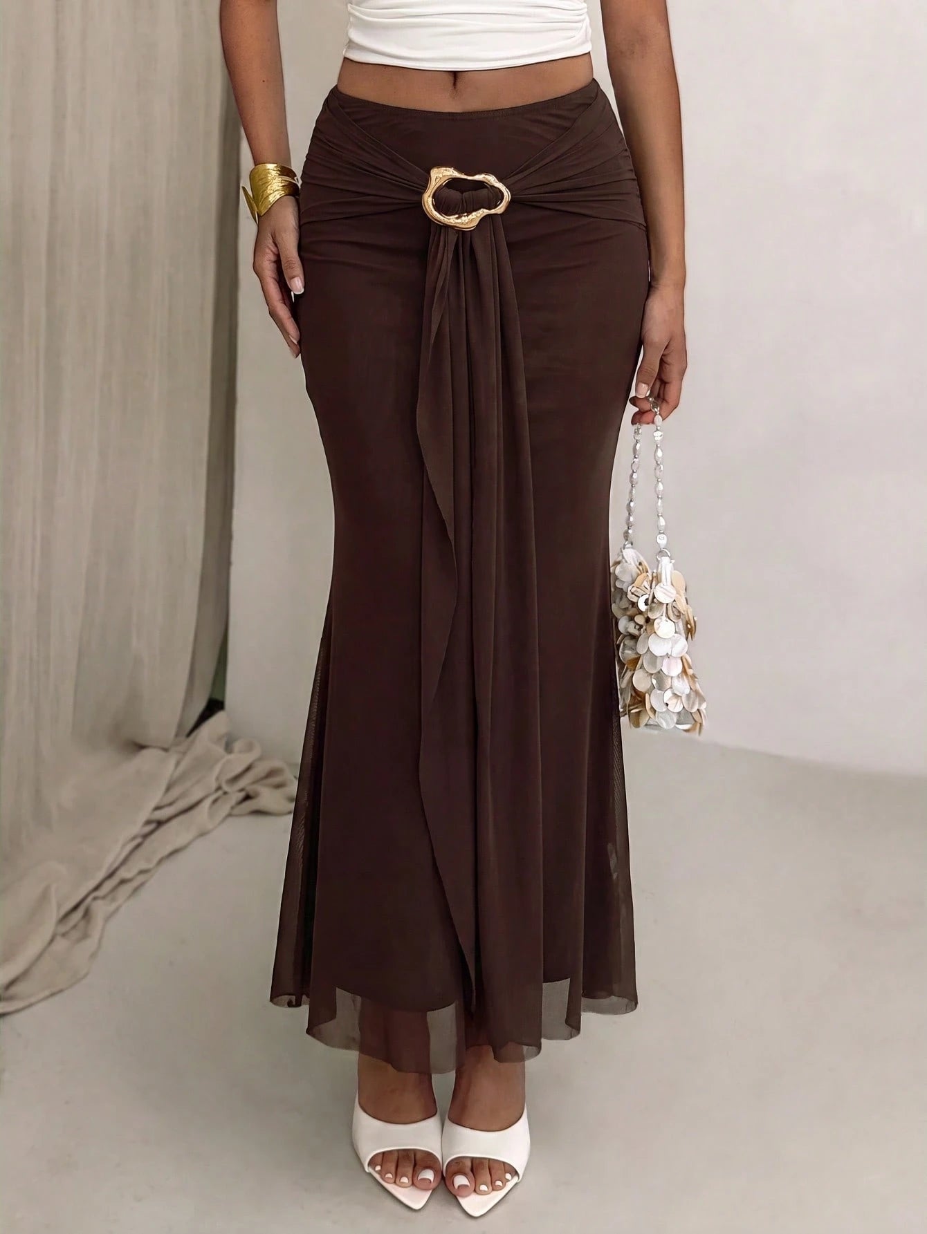 Glamour New Casual Vacation Print Fishtail Tie-Up Metal Buckle Vacation Skirt, Mesh Print Spring Vacation Skirt, Gathered Ribbon Metal Buckle Skirt, Mid-Waist Knit Skirt, Premium Elegant Fishtai