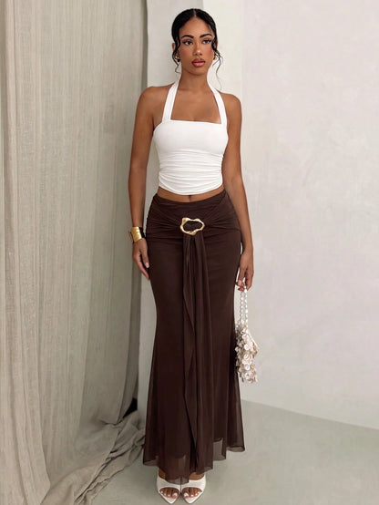 Glamour New Casual Vacation Print Fishtail Tie-Up Metal Buckle Vacation Skirt, Mesh Print Spring Vacation Skirt, Gathered Ribbon Metal Buckle Skirt, Mid-Waist Knit Skirt, Premium Elegant Fishtai