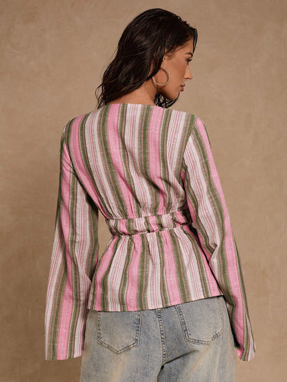 Glamour Women's Pink Stripe Boho Vacation Summer Deep V-Neck Flare Sleeve Shirt,Colorful Woven Drawstring Tie Front Blouse,Cinched Waist Elegant Cotton Top