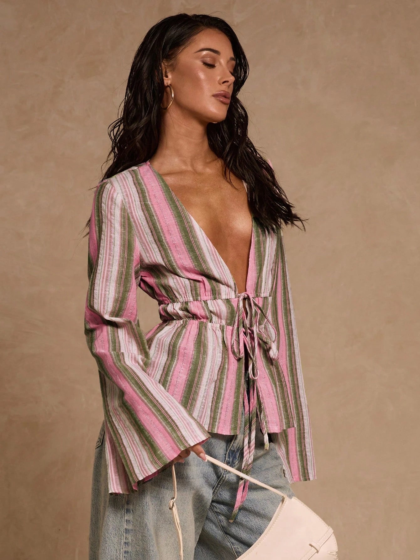 Glamour Women's Pink Stripe Boho Vacation Summer Deep V-Neck Flare Sleeve Shirt,Colorful Woven Drawstring Tie Front Blouse,Cinched Waist Elegant Cotton Top
