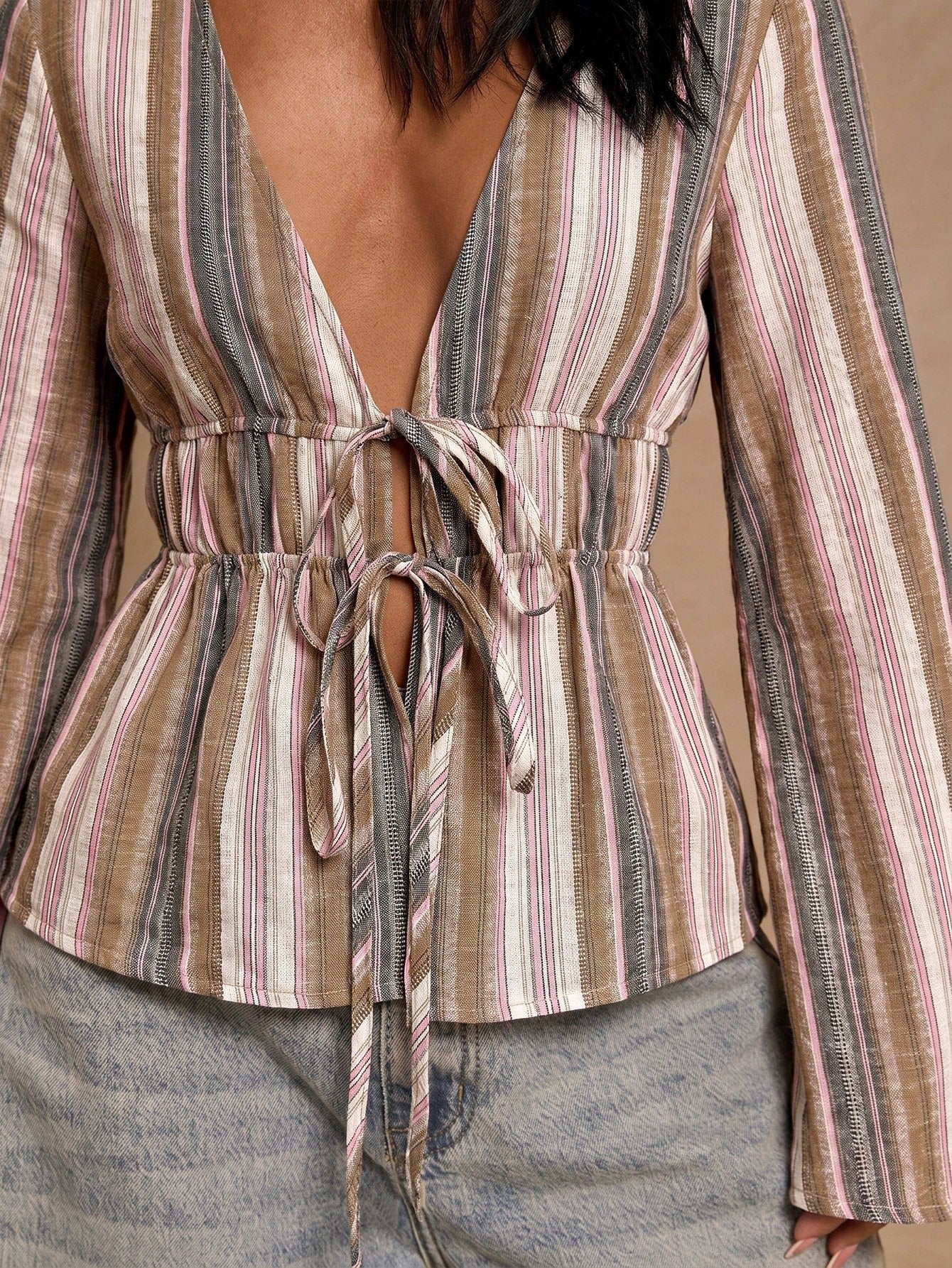 Glamour Women's Pink Stripe Boho Vacation Summer Deep V-Neck Flare Sleeve Shirt,Colorful Woven Drawstring Tie Front Blouse,Cinched Waist Elegant Cotton Top