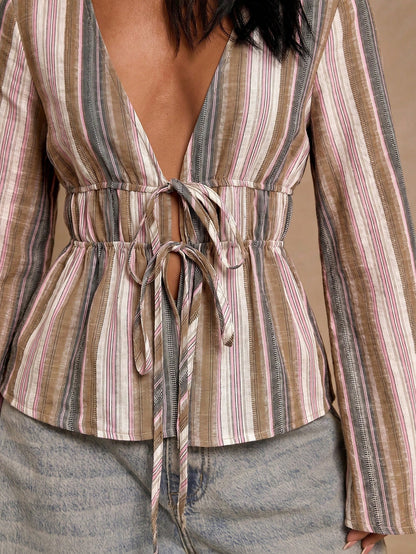 Glamour Women's Pink Stripe Boho Vacation Summer Deep V-Neck Flare Sleeve Shirt,Colorful Woven Drawstring Tie Front Blouse,Cinched Waist Elegant Cotton Top