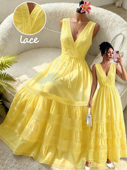GlowEve A-Line Elegant Sexy Vacation Holiday Outing Summer French Minimalist Sexy Style Sleeveless V-Neck Hollow Lace Waist-Cinching Long Dress White Design