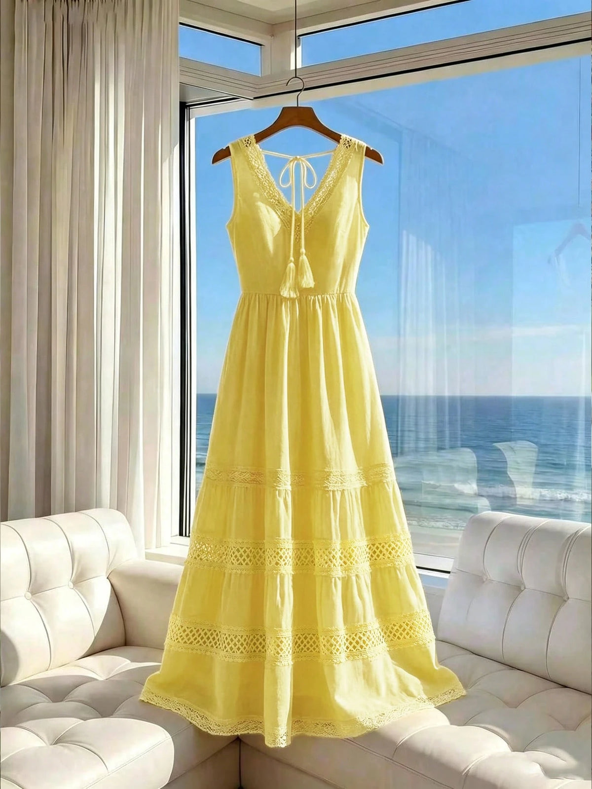 GlowEve A-Line Elegant Sexy Vacation Holiday Outing Summer French Minimalist Sexy Style Sleeveless V-Neck Hollow Lace Waist-Cinching Long Dress White Design