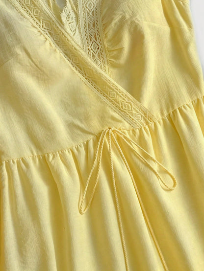 GlowEve A-Line Elegant Sexy Vacation Holiday Outing Summer French Minimalist Sexy Style Sleeveless V-Neck Hollow Lace Waist-Cinching Long Dress White Design