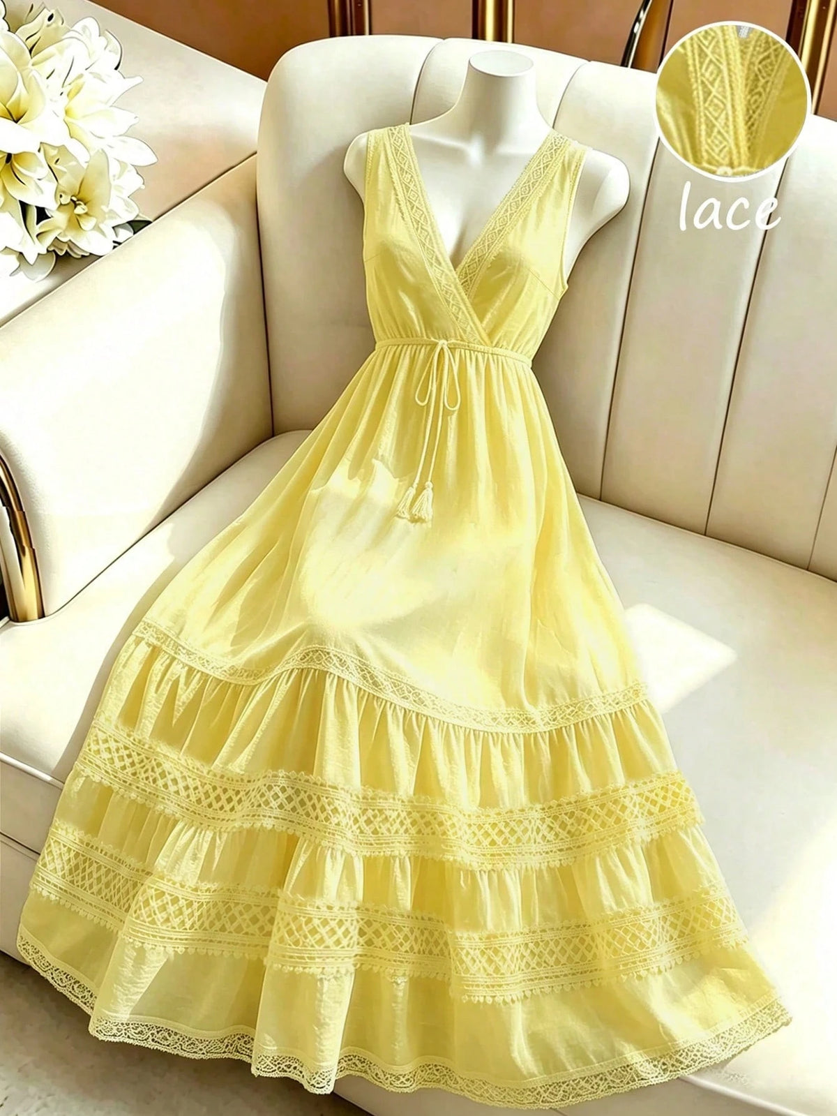 GlowEve A-Line Elegant Sexy Vacation Holiday Outing Summer French Minimalist Sexy Style Sleeveless V-Neck Hollow Lace Waist-Cinching Long Dress White Design