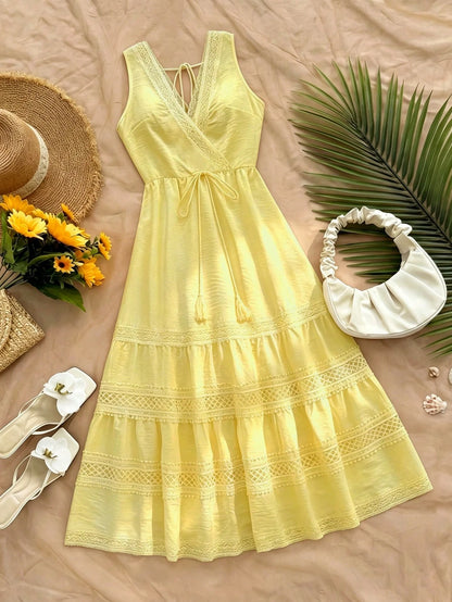 GlowEve A-Line Elegant Sexy Vacation Holiday Outing Summer French Minimalist Sexy Style Sleeveless V-Neck Hollow Lace Waist-Cinching Long Dress White Design