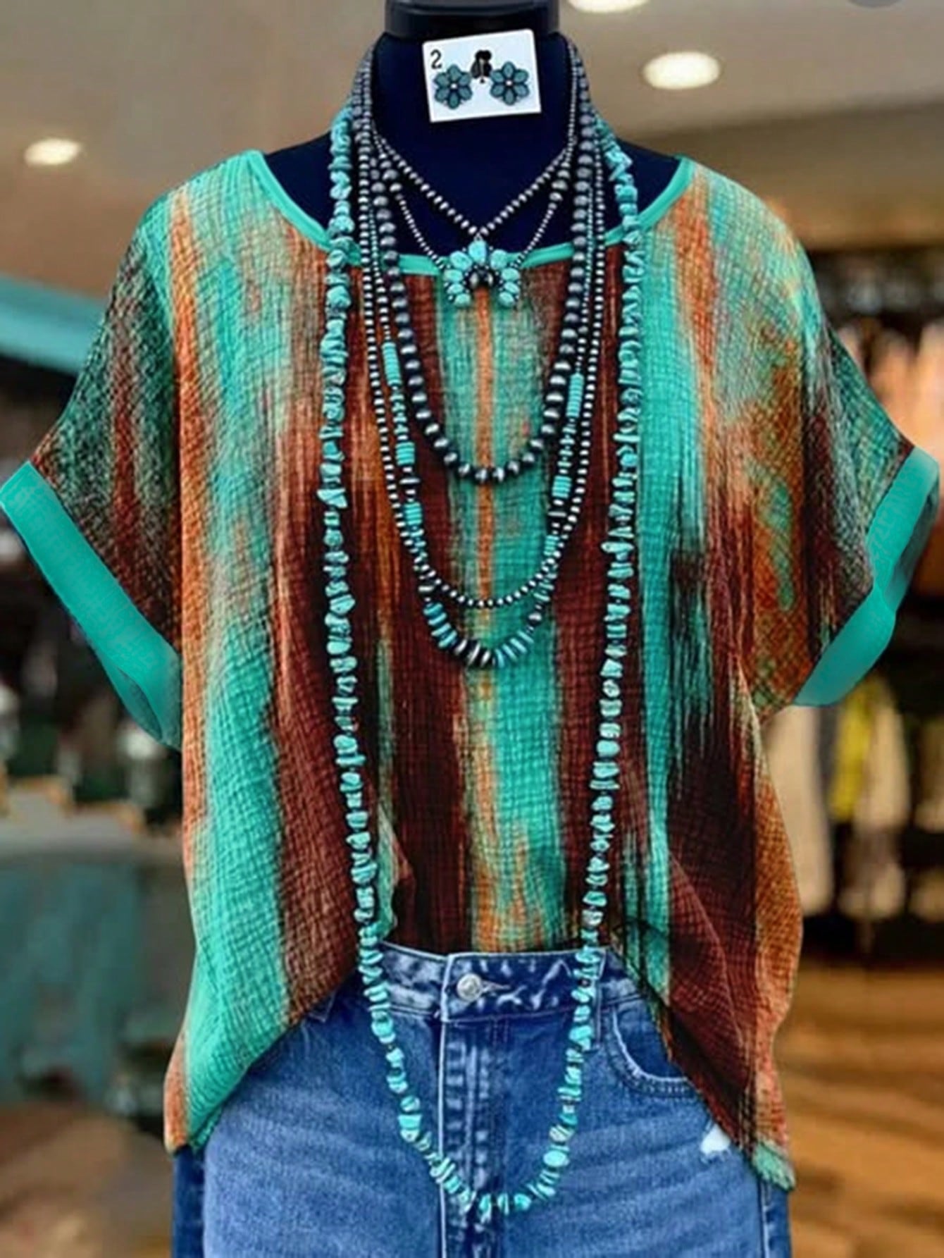GlowEve CURVE Plus-Size Women's Tie Dye Summer Boho Top,Green-And-Brown Gradient Stripe Print Rolled-Cuff Short-Sleeve Loose-Fit Retro Style Vacation Holiday Wear