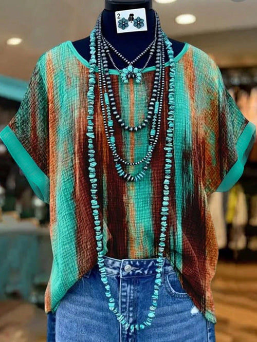 GlowEve CURVE Plus-Size Women's Tie Dye Summer Boho Top,Green-And-Brown Gradient Stripe Print Rolled-Cuff Short-Sleeve Loose-Fit Retro Style Vacation Holiday Wear
