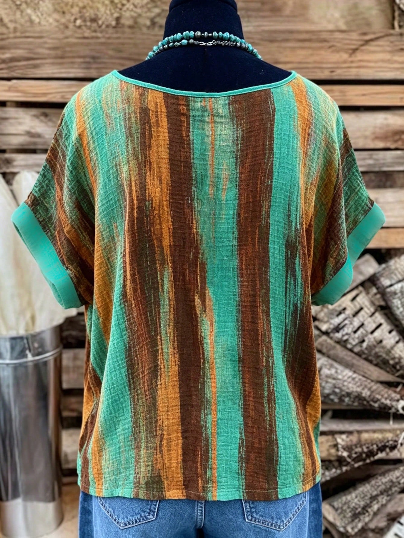 GlowEve CURVE Plus-Size Women's Tie Dye Summer Boho Top,Green-And-Brown Gradient Stripe Print Rolled-Cuff Short-Sleeve Loose-Fit Retro Style Vacation Holiday Wear
