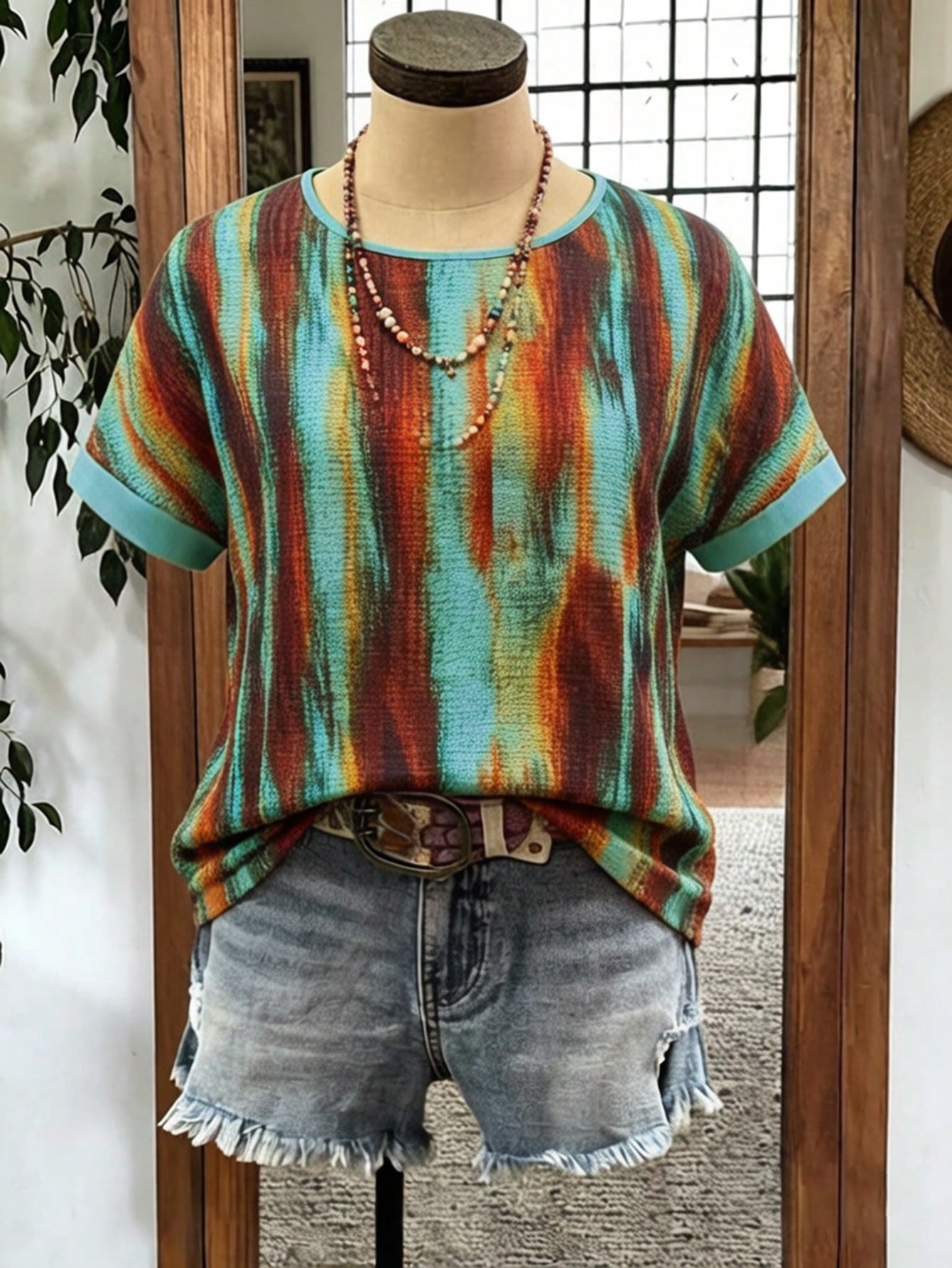 GlowEve CURVE Plus-Size Women's Tie Dye Summer Boho Top,Green-And-Brown Gradient Stripe Print Rolled-Cuff Short-Sleeve Loose-Fit Retro Style Vacation Holiday Wear