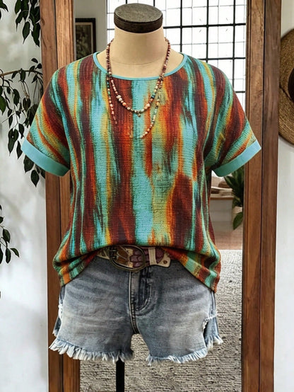 GlowEve CURVE Plus-Size Women's Tie Dye Summer Boho Top,Green-And-Brown Gradient Stripe Print Rolled-Cuff Short-Sleeve Loose-Fit Retro Style Vacation Holiday Wear