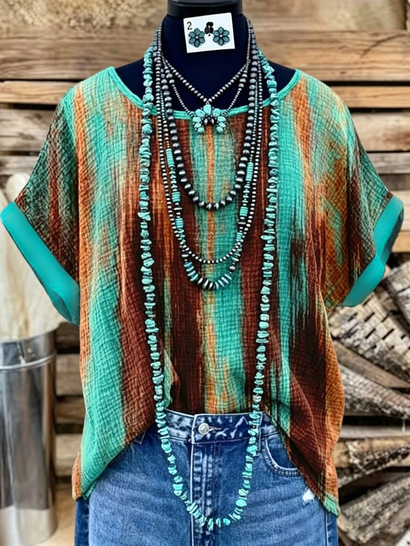 GlowEve CURVE Plus-Size Women's Tie Dye Summer Boho Top,Green-And-Brown Gradient Stripe Print Rolled-Cuff Short-Sleeve Loose-Fit Retro Style Vacation Holiday Wear