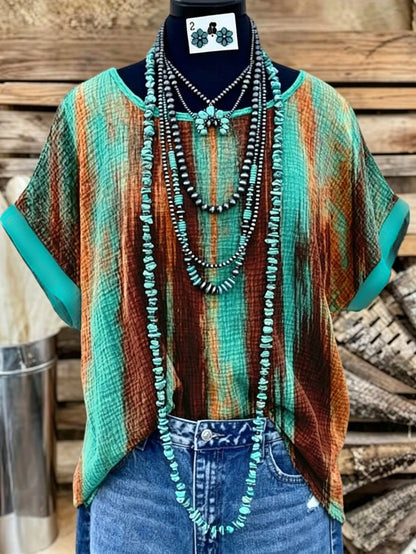 GlowEve CURVE Plus-Size Women's Tie Dye Summer Boho Top,Green-And-Brown Gradient Stripe Print Rolled-Cuff Short-Sleeve Loose-Fit Retro Style Vacation Holiday Wear