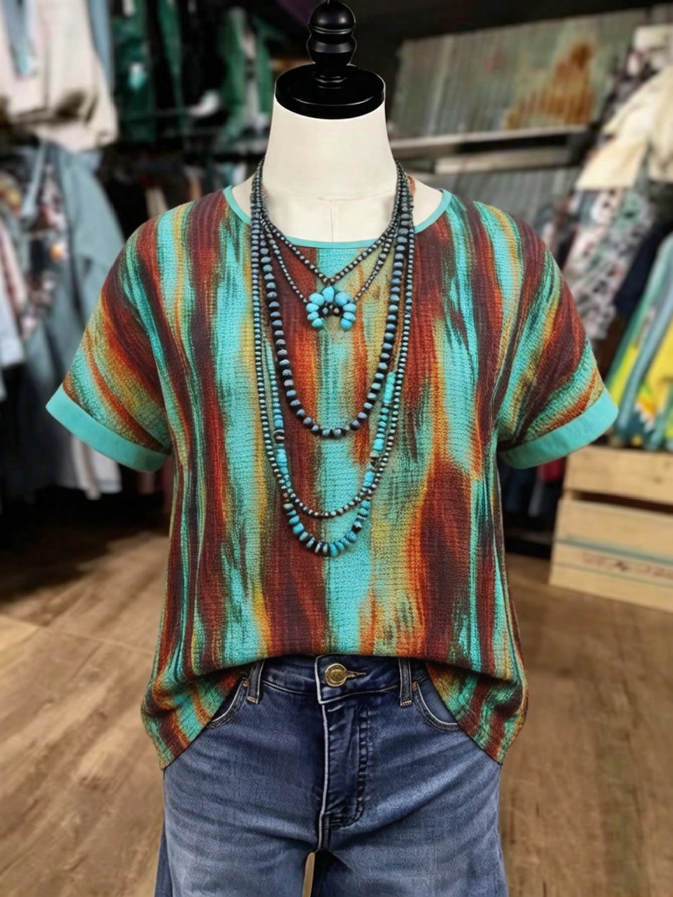 GlowEve CURVE Plus-Size Women's Tie Dye Summer Boho Top,Green-And-Brown Gradient Stripe Print Rolled-Cuff Short-Sleeve Loose-Fit Retro Style Vacation Holiday Wear
