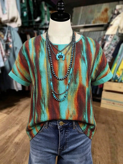 GlowEve CURVE Plus-Size Women's Tie Dye Summer Boho Top,Green-And-Brown Gradient Stripe Print Rolled-Cuff Short-Sleeve Loose-Fit Retro Style Vacation Holiday Wear