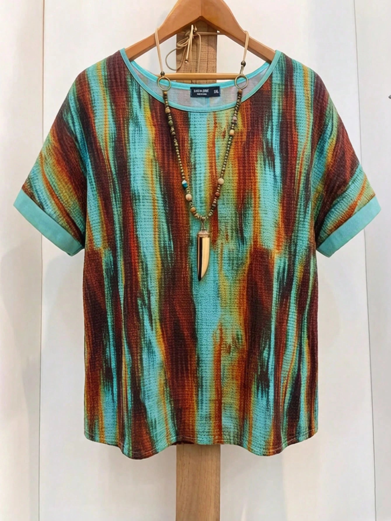 GlowEve CURVE Plus-Size Women's Tie Dye Summer Boho Top,Green-And-Brown Gradient Stripe Print Rolled-Cuff Short-Sleeve Loose-Fit Retro Style Vacation Holiday Wear