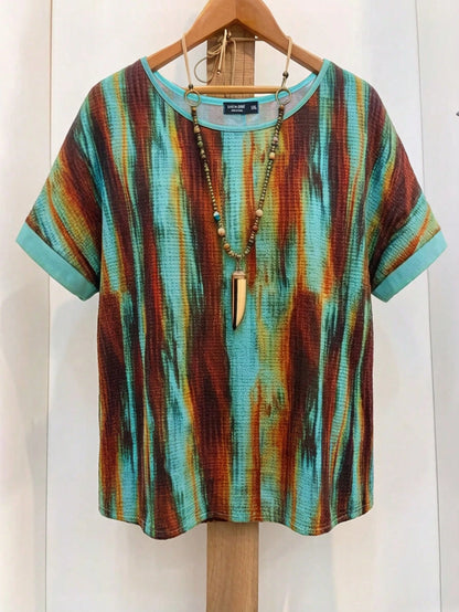 GlowEve CURVE Plus-Size Women's Tie Dye Summer Boho Top,Green-And-Brown Gradient Stripe Print Rolled-Cuff Short-Sleeve Loose-Fit Retro Style Vacation Holiday Wear