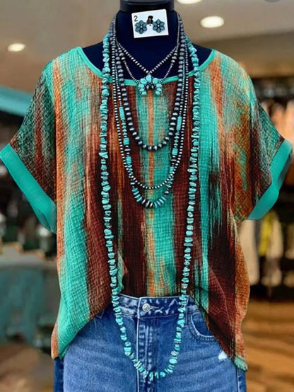 GlowEve CURVE Plus-Size Women's Tie Dye Summer Boho Top,Green-And-Brown Gradient Stripe Print Rolled-Cuff Short-Sleeve Loose-Fit Retro Style Vacation Holiday Wear