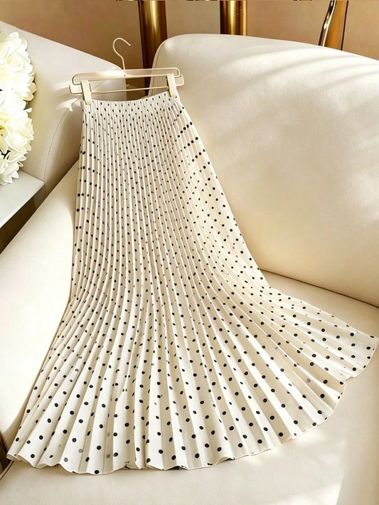 GlowEve Elegant Polka Dot Pattern Pleated Apricot Women's Skirt, Everyday Wear