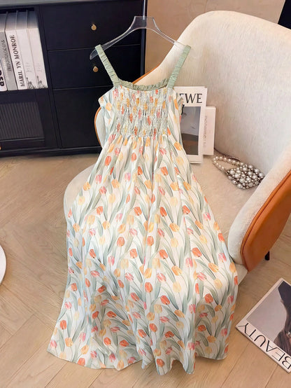 GlowEve Tulip Print Dress, Artistic Floral Sleeveless Summer Vacation Dress