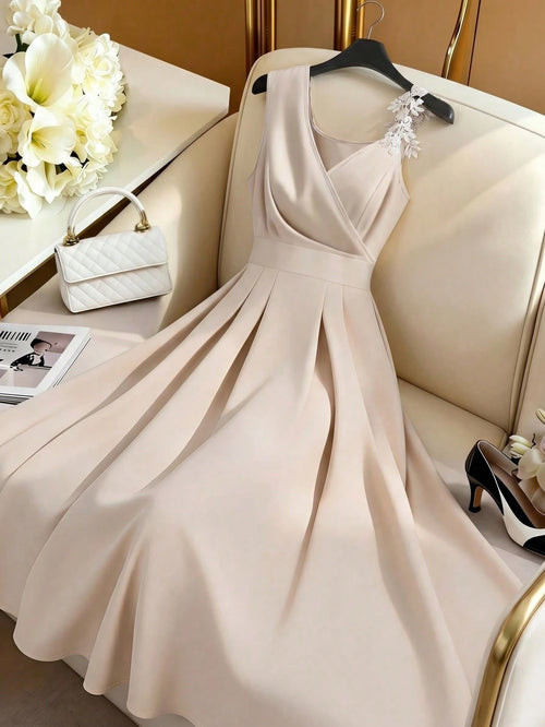 GlowEve Women's Beige Lace Trim Waist A-Line Dress,Pink Floral,Summer,Elegant,Wedding,Sleeveless French Retro V-Neck Charming Fashion Versatile Sundress