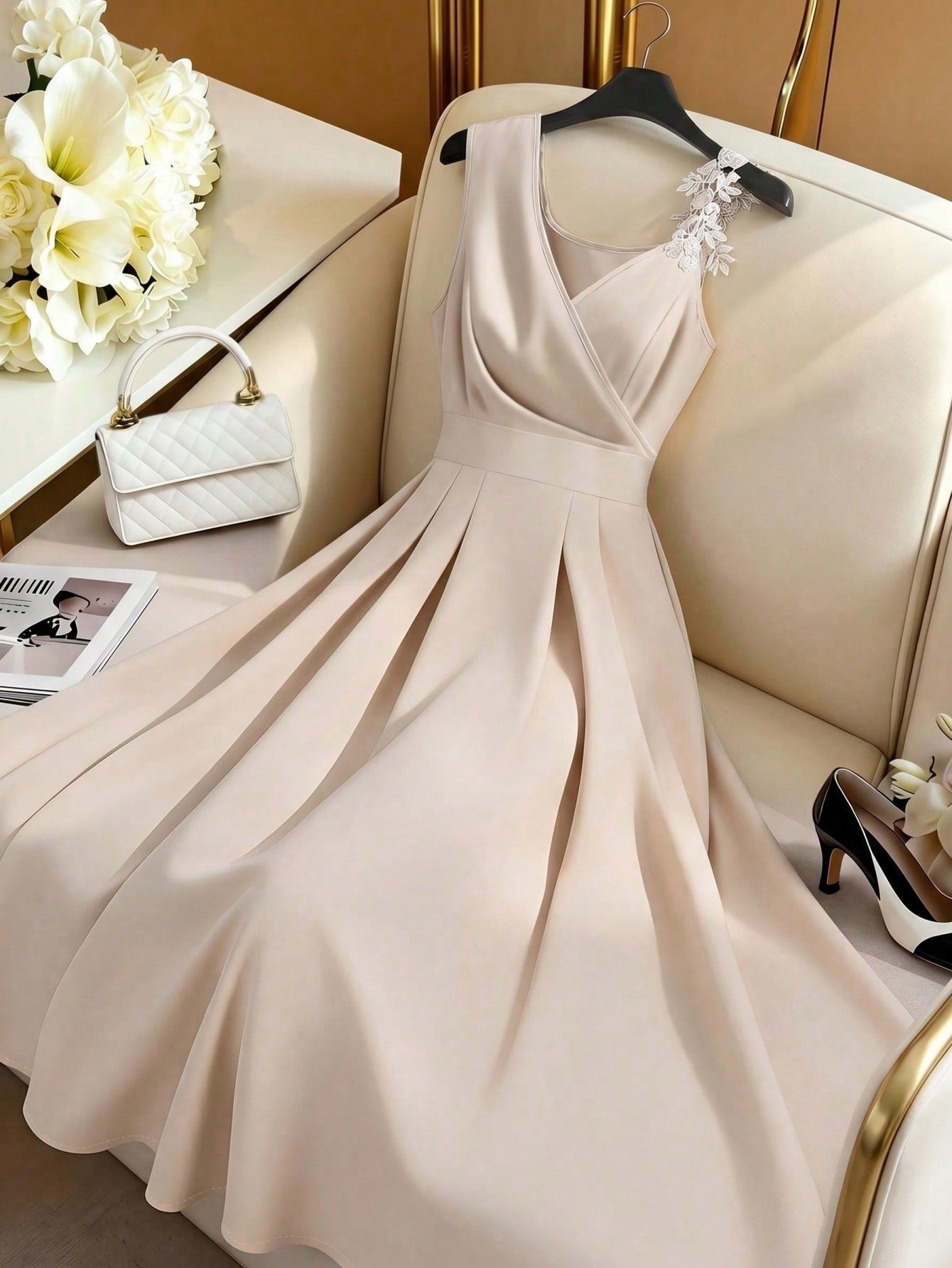 GlowEve Women's Beige Lace Trim Waist A-Line Dress,Pink Floral,Summer,Elegant,Wedding,Sleeveless French Retro V-Neck Charming Fashion Versatile Sundress