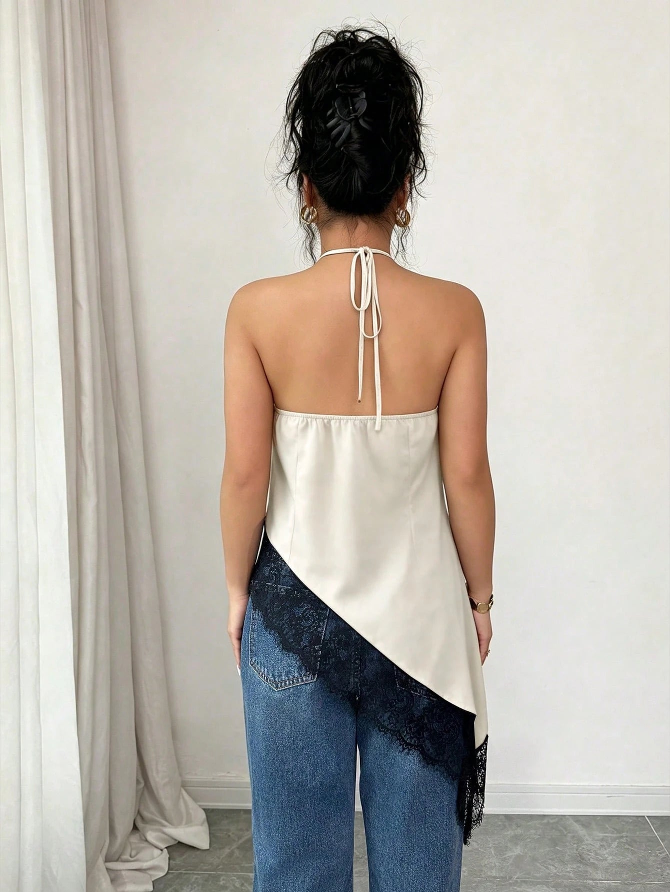 GlowEve Women's Halter Neck Camisole,Black And Beige,Summer,Seductive,Party Night,Asymmetric Hem Lace Trim Vest Top,Backless Bodycon Sleeveless Blouse