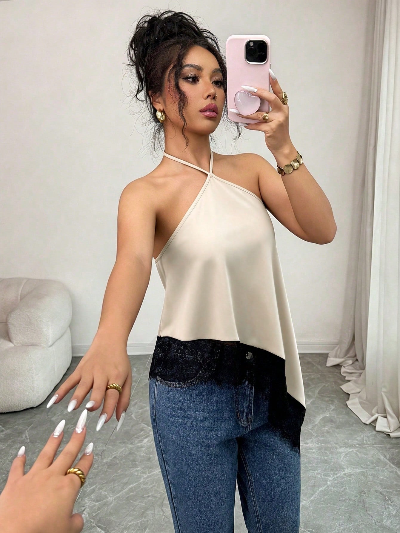 GlowEve Women's Halter Neck Camisole,Black And Beige,Summer,Seductive,Party Night,Asymmetric Hem Lace Trim Vest Top,Backless Bodycon Sleeveless Blouse