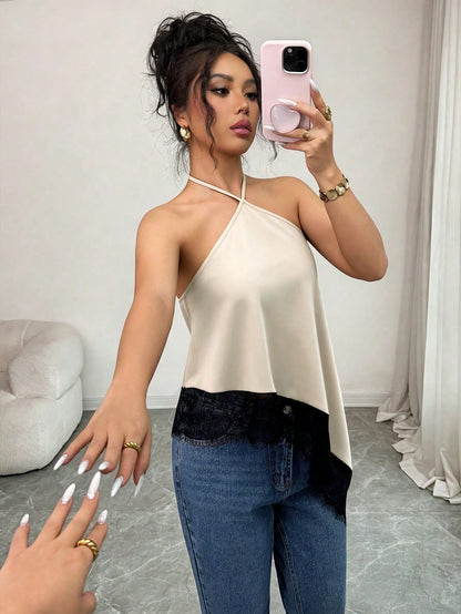 GlowEve Women's Halter Neck Camisole,Black And Beige,Summer,Seductive,Party Night,Asymmetric Hem Lace Trim Vest Top,Backless Bodycon Sleeveless Blouse