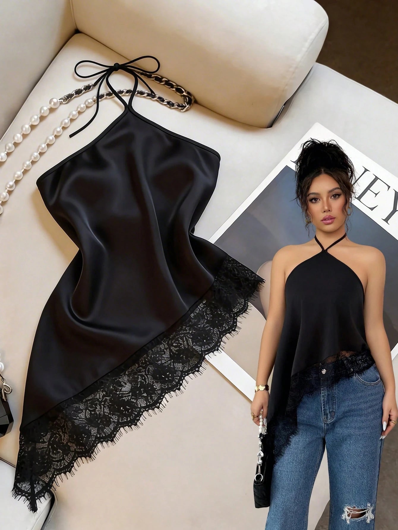 GlowEve Women's Halter Neck Camisole,Black And Beige,Summer,Seductive,Party Night,Asymmetric Hem Lace Trim Vest Top,Backless Bodycon Sleeveless Blouse