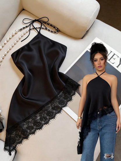 GlowEve Women's Halter Neck Camisole,Black And Beige,Summer,Seductive,Party Night,Asymmetric Hem Lace Trim Vest Top,Backless Bodycon Sleeveless Blouse