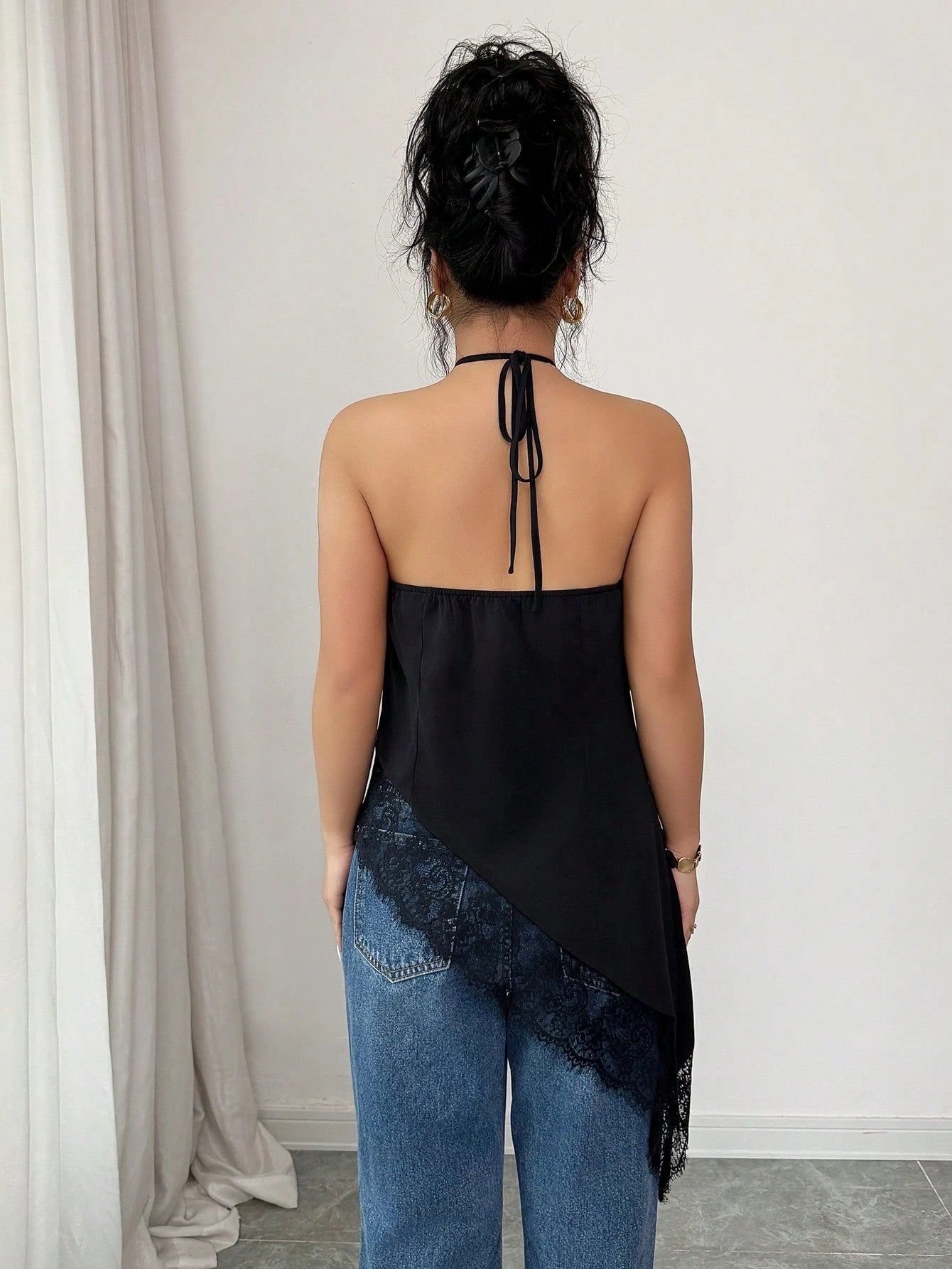 GlowEve Women's Halter Neck Camisole,Black And Beige,Summer,Seductive,Party Night,Asymmetric Hem Lace Trim Vest Top,Backless Bodycon Sleeveless Blouse