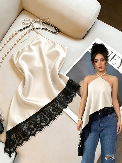 GlowEve Women's Halter Neck Camisole,Black And Beige,Summer,Seductive,Party Night,Asymmetric Hem Lace Trim Vest Top,Backless Bodycon Sleeveless Blouse