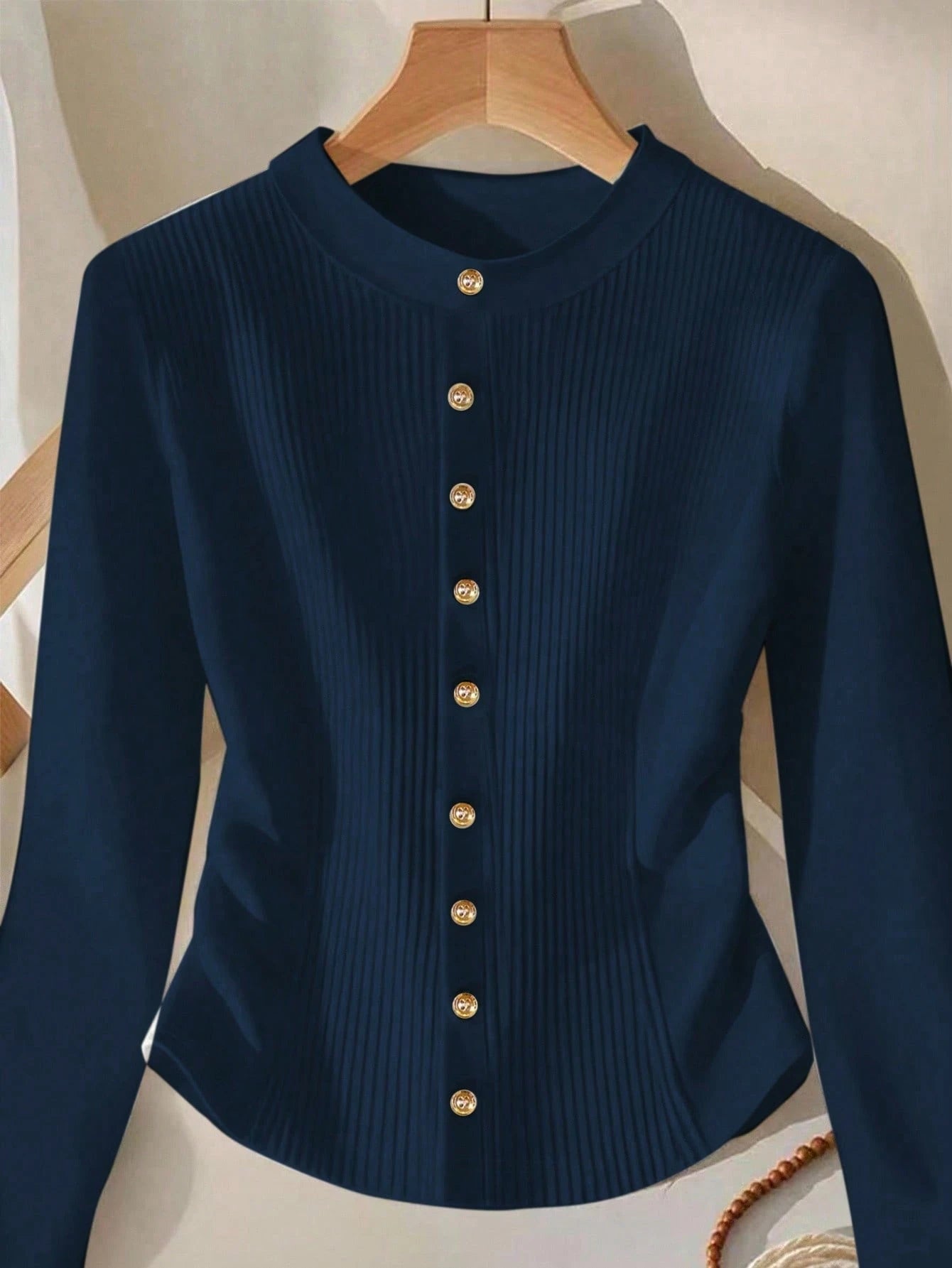 GlowEve Women's Round Neck Long Sleeve Front Button Ribbed Casual Versatile T-Shirt