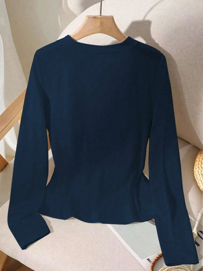 GlowEve Women's Round Neck Long Sleeve Front Button Ribbed Casual Versatile T-Shirt