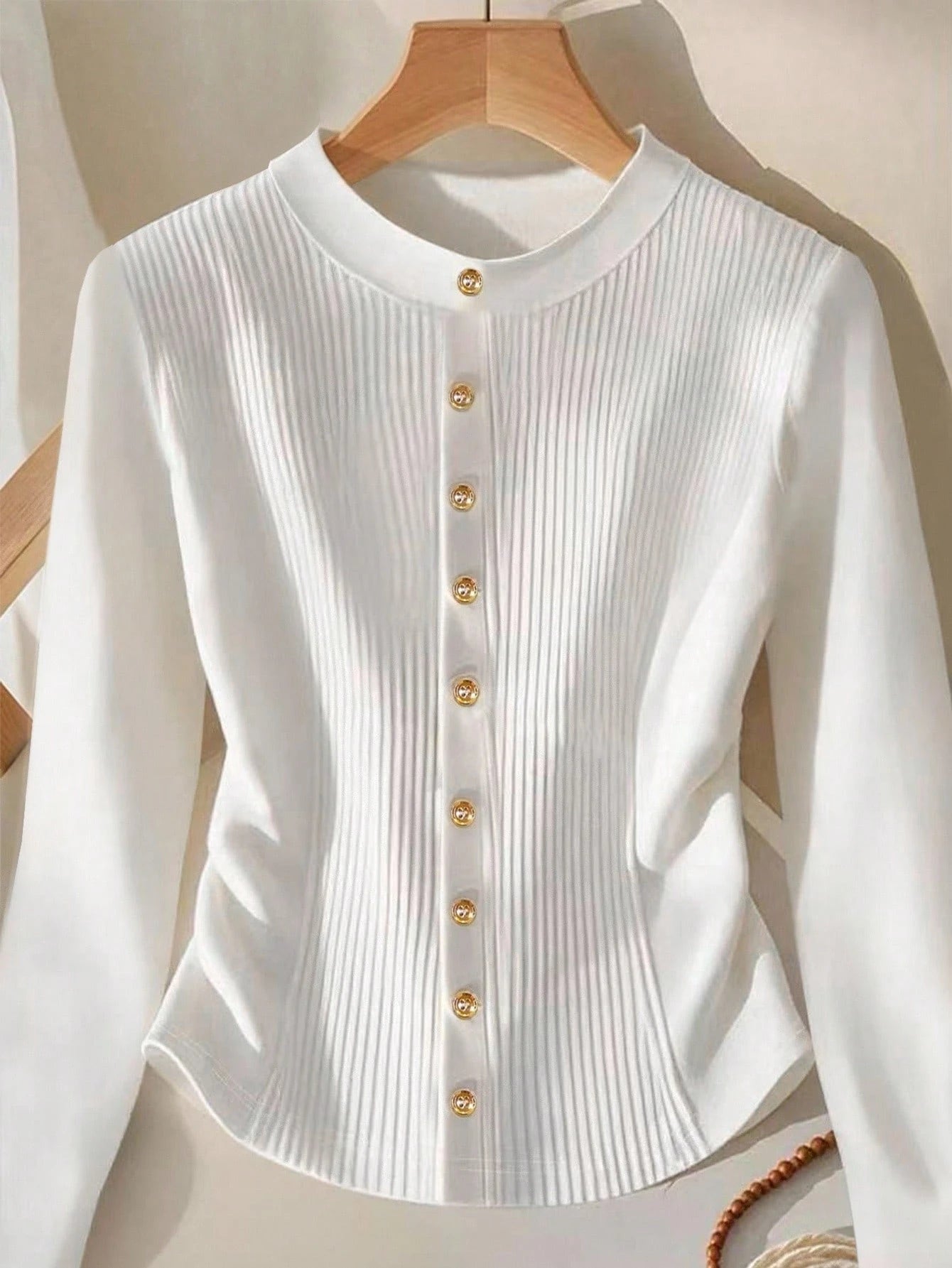 GlowEve Women's Round Neck Long Sleeve Front Button Ribbed Casual Versatile T-Shirt