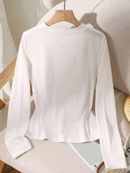 GlowEve Women's Round Neck Long Sleeve Front Button Ribbed Casual Versatile T-Shirt