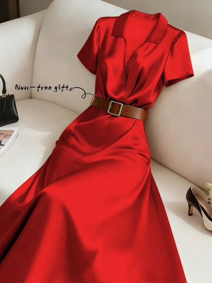 GlowEve Women's Solid Color Pleated Elegant Waist Midi Dress For Party