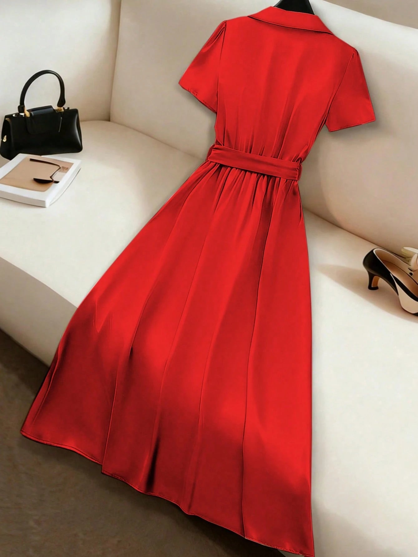 GlowEve Women's Solid Color Pleated Elegant Waist Midi Dress For Party
