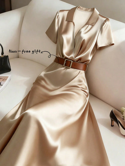 GlowEve Women's Solid Color Pleated Elegant Waist Midi Dress For Party