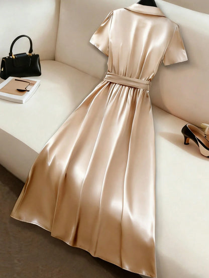 GlowEve Women's Solid Color Pleated Elegant Waist Midi Dress For Party