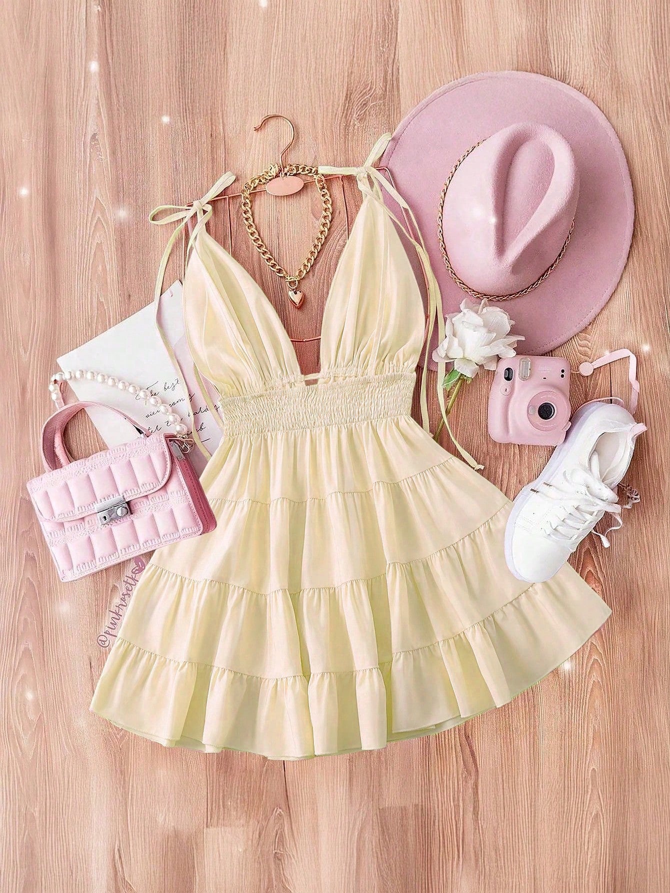 GlowEve Women's Solid Color V-Neck Tie Strap Sleeveless Fashionable Ruffle Hem Dress