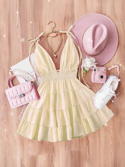 GlowEve Women's Solid Color V-Neck Tie Strap Sleeveless Fashionable Ruffle Hem Dress